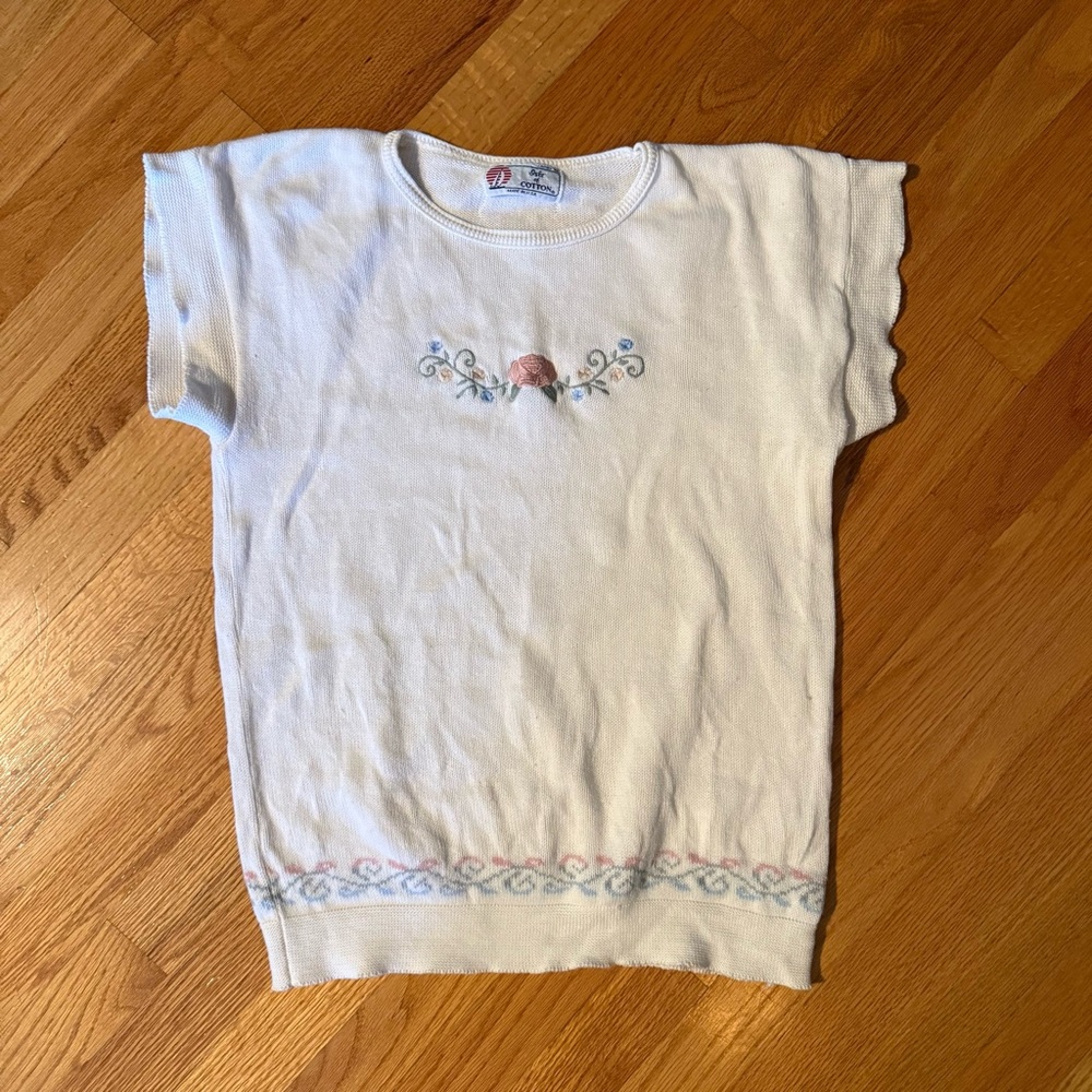 White Sweater Vest with Embroidered Rose Design